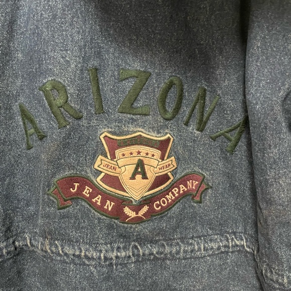 Vintage Arizona 90s Jean Jacket Flannel Lined Suede Leather Sleeves chore Coat L - Picture 11 of 15